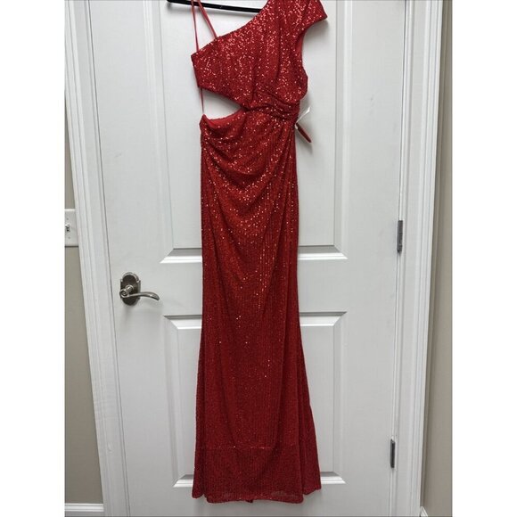 New Mac Duggal Size 0 Red 42022 Sequined One Shoulder Cut Out Gown Dress $398 - Picture 7 of 12